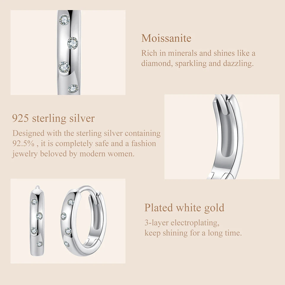 Scattered Moissanite Huggie Earrings in Sterling Silver — Stone setting and metal details