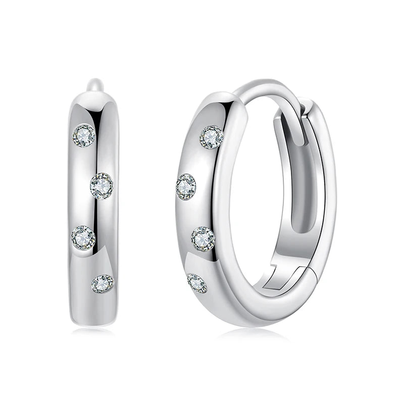 Scattered Moissanite Huggie Earrings in Sterling Silver — Silver-tone huggie pair