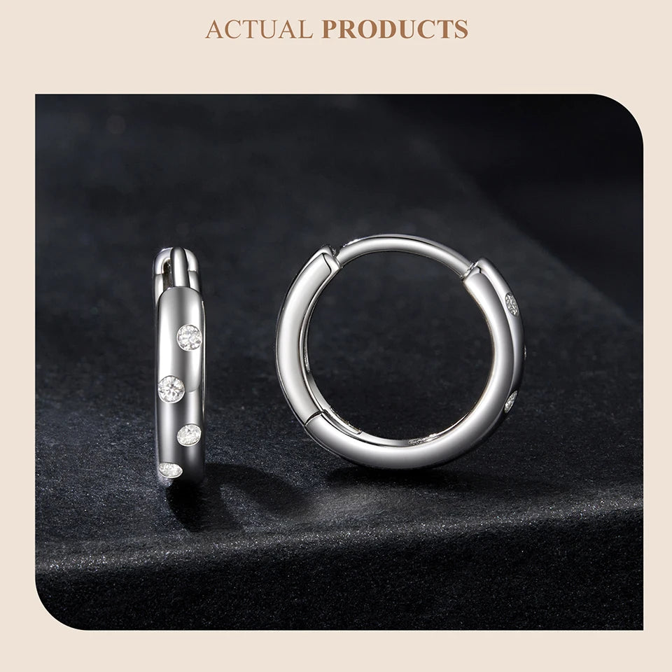 Scattered Moissanite Huggie Earrings in Sterling Silver — Hinged hoop closure