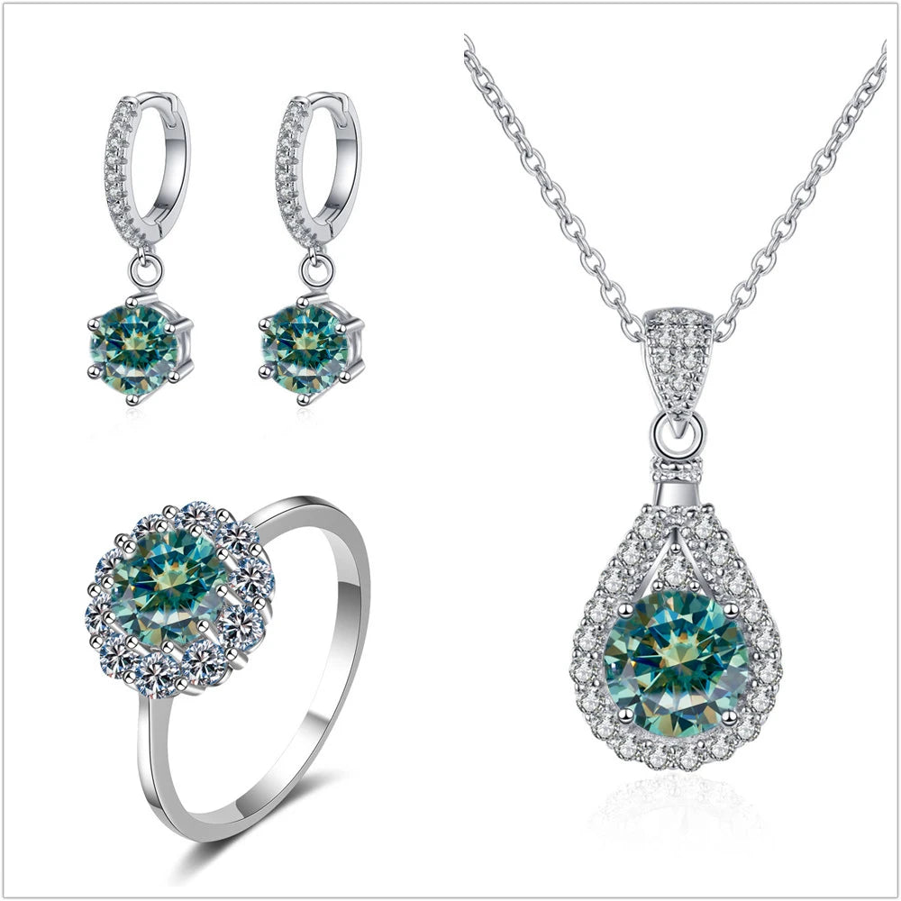 Colorful Halo Moissanite Ring, Drop Earrings & Necklace Set — Blue-Green set