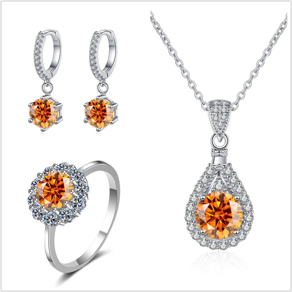 Colorful Halo Moissanite Ring, Drop Earrings & Necklace Set — Orange set