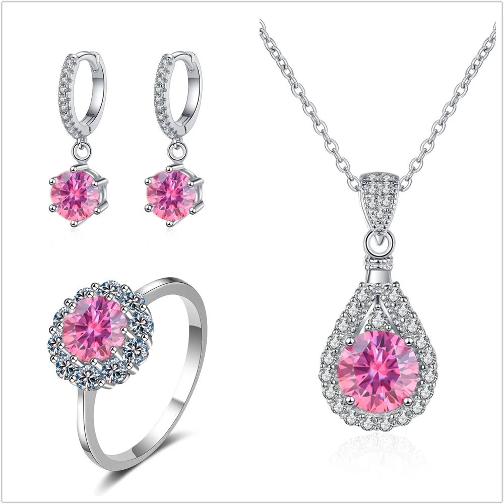 Colorful Halo Moissanite Ring, Drop Earrings & Necklace Set — Pink set