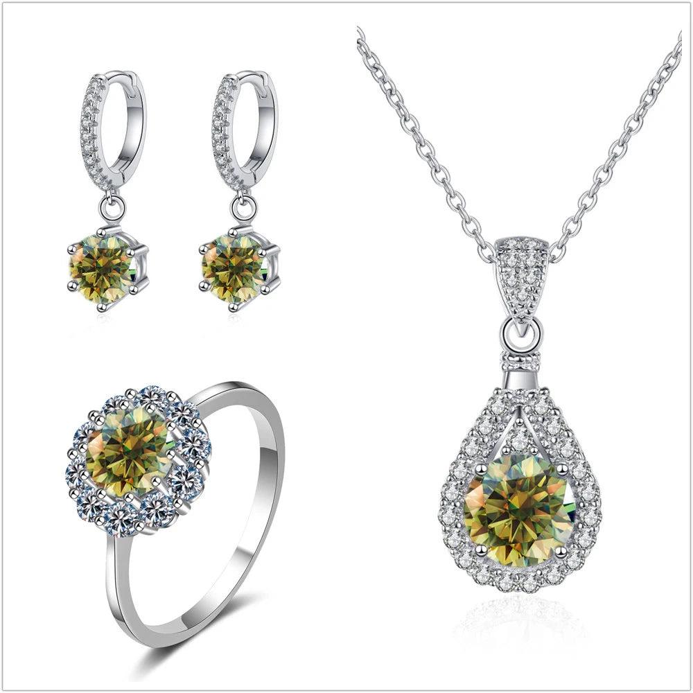 Colorful Halo Moissanite Ring, Drop Earrings & Necklace Set — Yellow-Green set