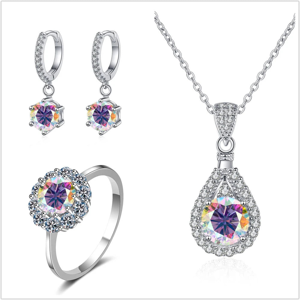 Colorful Halo Moissanite Ring, Drop Earrings & Necklace Set — Purple Multicolor set