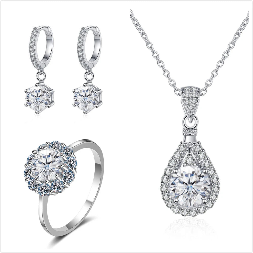 Colorful Halo Moissanite Ring, Drop Earrings & Necklace Set — White set
