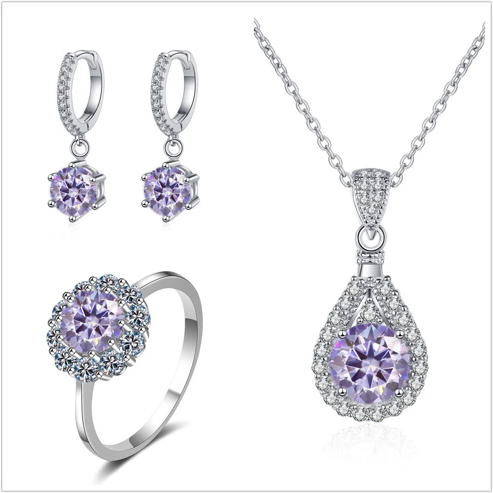 Colorful Halo Moissanite Ring, Drop Earrings & Necklace Set — Light Purple set