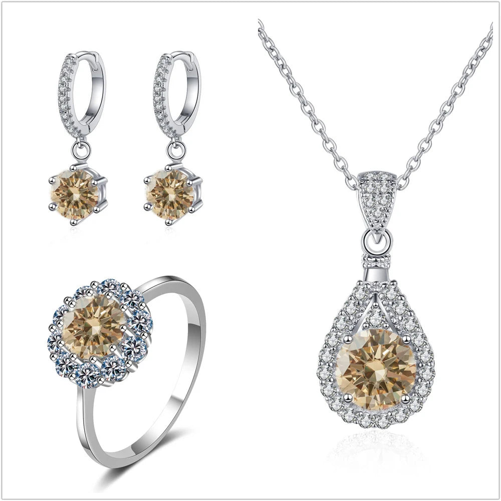 Colorful Halo Moissanite Ring, Drop Earrings & Necklace Set — Light Yellow set