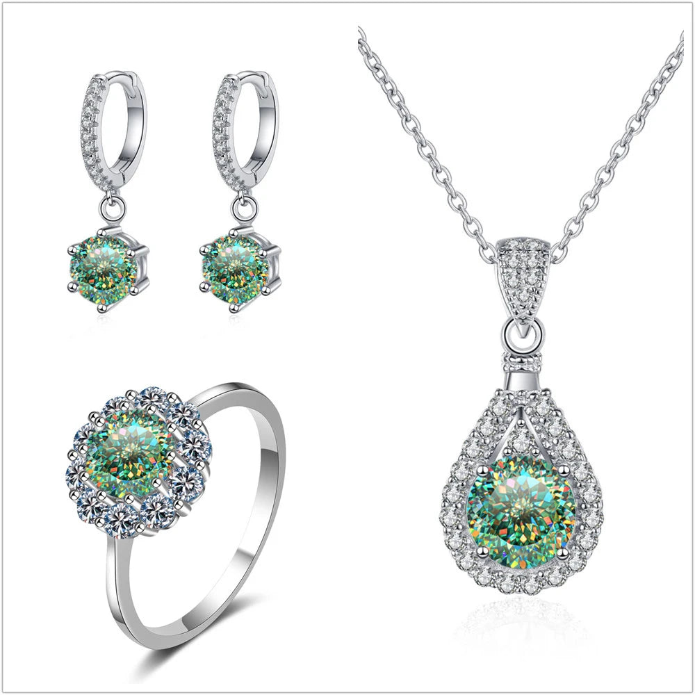 Colorful Halo Moissanite Ring, Drop Earrings & Necklace Set — Blue-Green Love Cut set