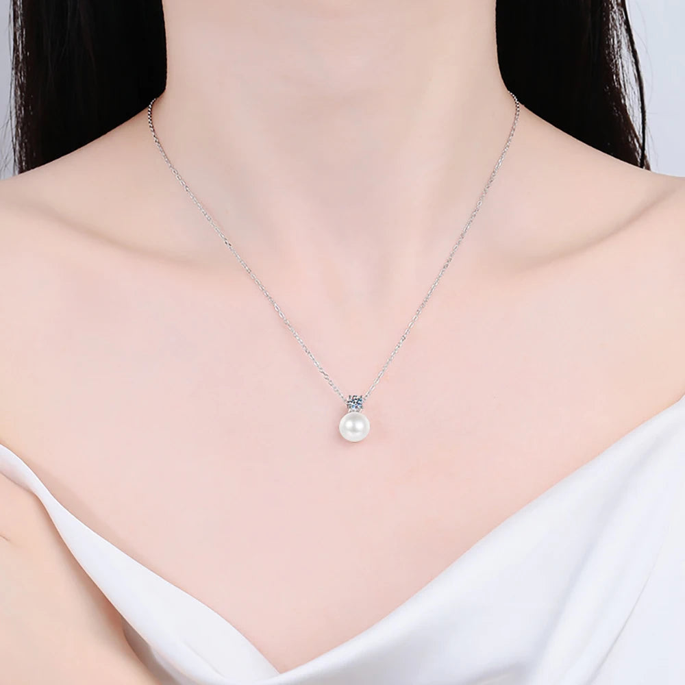 Freshwater Pearl & Moissanite Necklace and Earring Set — Necklace worn