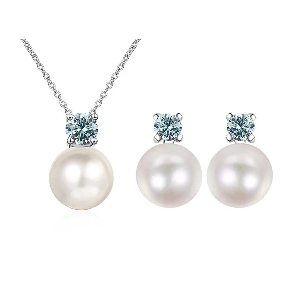 Freshwater Pearl & Moissanite Necklace and Earring Set — Light blue pearl jewelry set