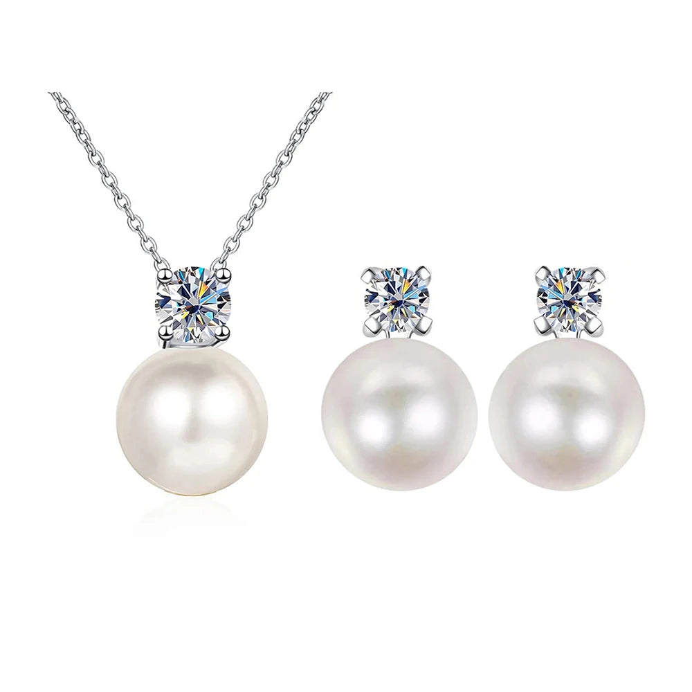 Freshwater Pearl & Moissanite Necklace and Earring Set — White set