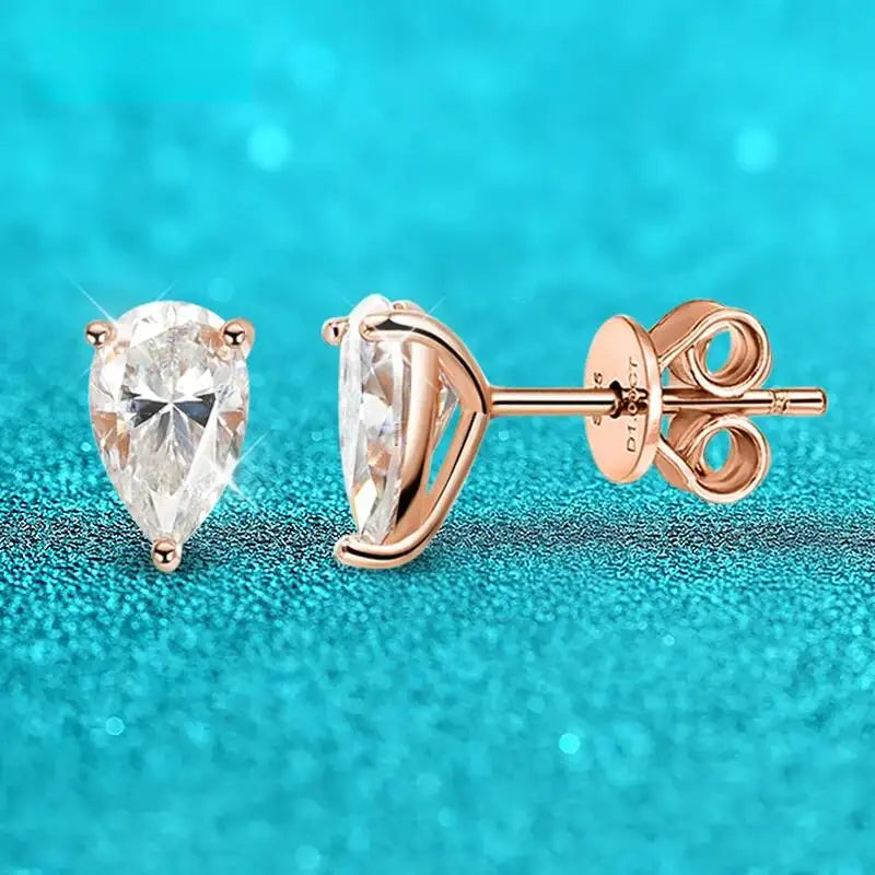 Pear Moissanite Solitaire Stud Earrings in Sterling Silver — Rose gold-tone pear studs — BandsCo Straps