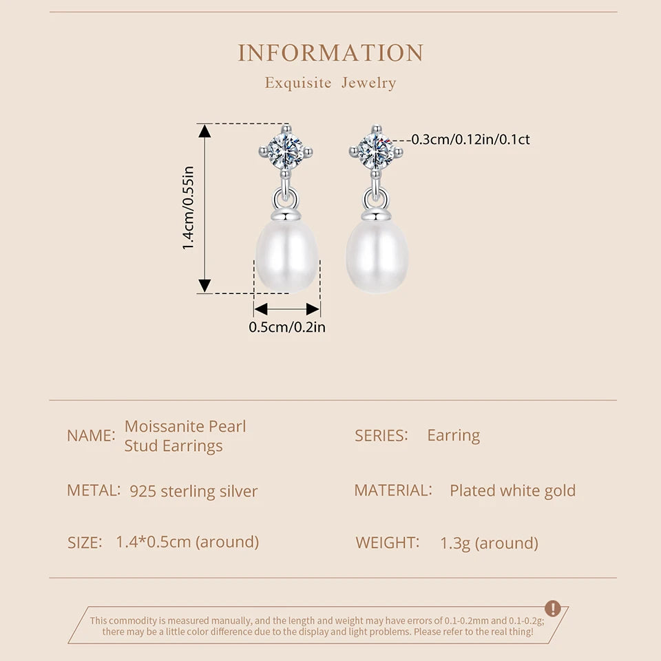 Moissanite Pearl-Effect Drop Stud Earrings in Sterling Silver — Metal and earring dimension information