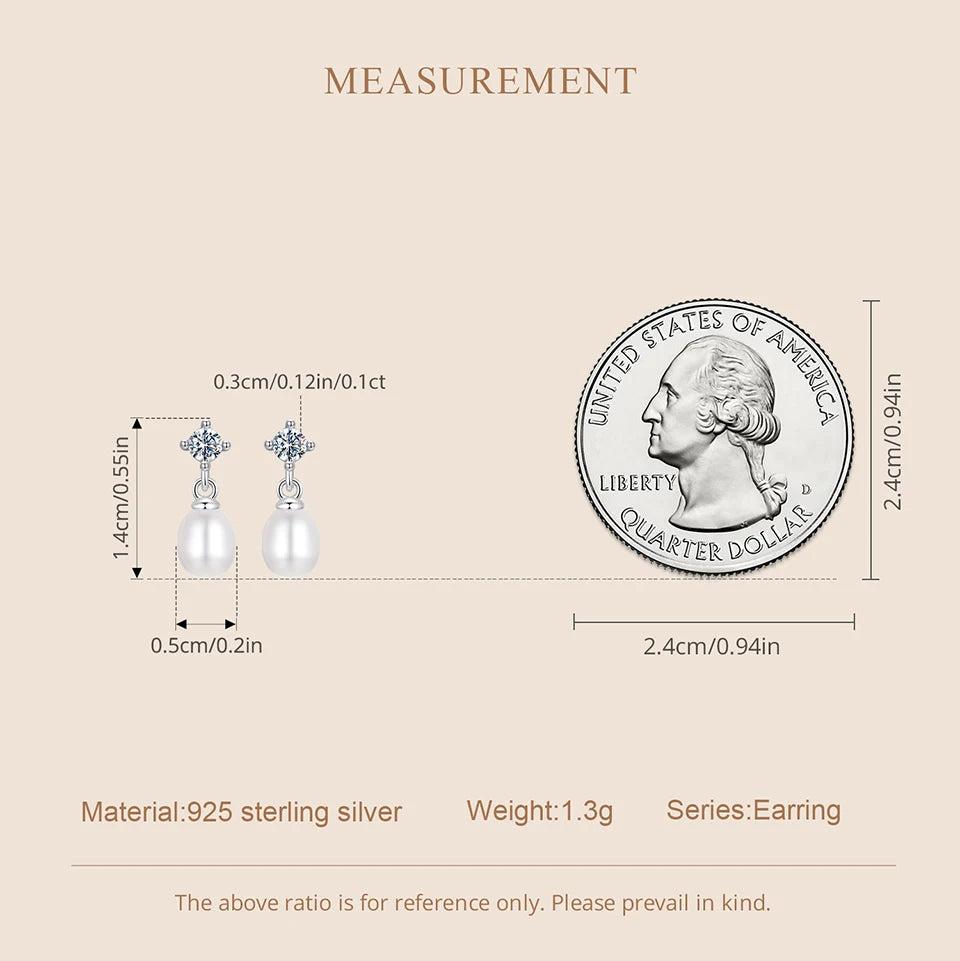 Moissanite Pearl-Effect Drop Stud Earrings in Sterling Silver — 14mm drop size comparison