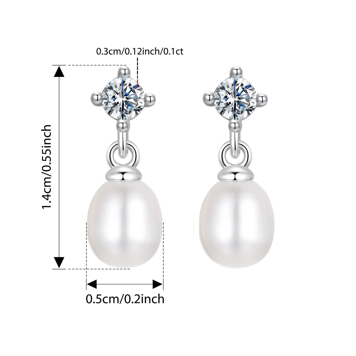 Moissanite Pearl-Effect Drop Stud Earrings in Sterling Silver — 3mm stone and 14mm earring dimensions