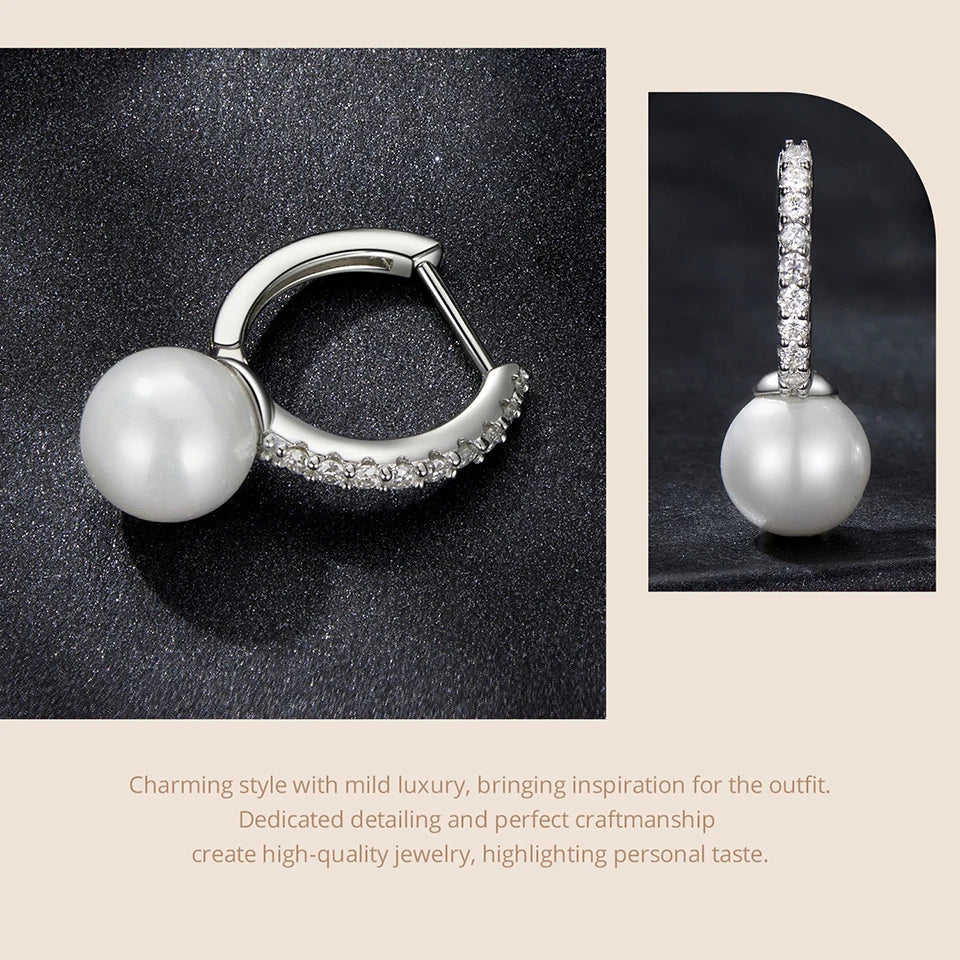 Moissanite Shell Pearl Drop Hoop Earrings in Sterling Silver — Hinged hoop and pearl detail — BandsCo Straps