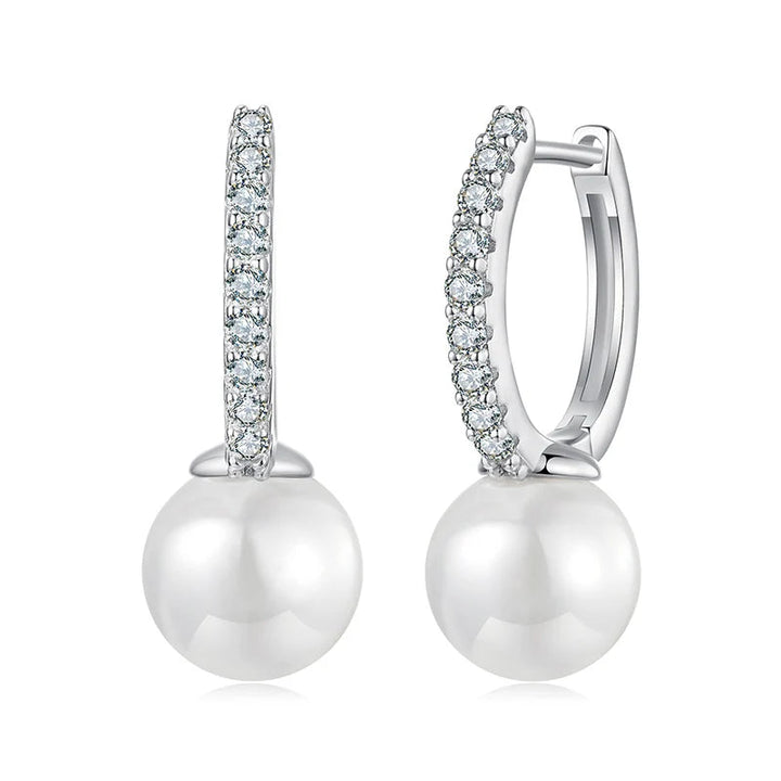 Moissanite Shell Pearl Drop Hoop Earrings in Sterling Silver
