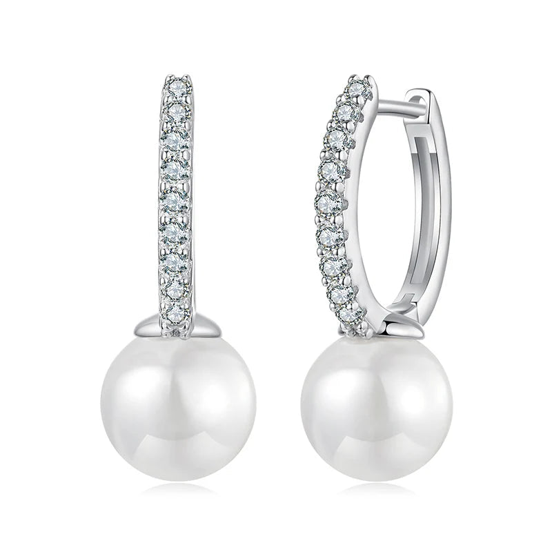 Moissanite Shell Pearl Drop Hoop Earrings in Sterling Silver — Shell pearl drop hoops — BandsCo Straps
