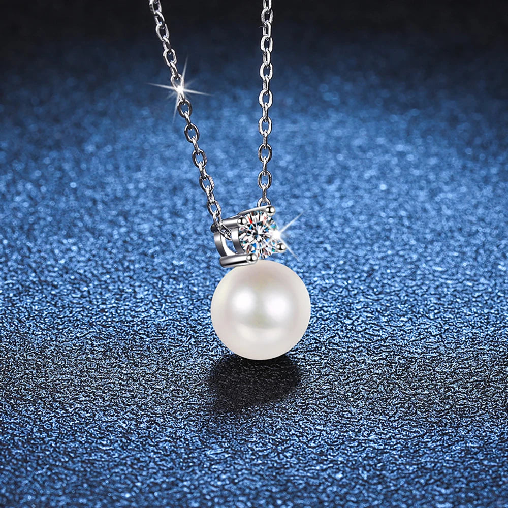 Freshwater Pearl & Moissanite Necklace and Earring Set — Pearl pendant close-up