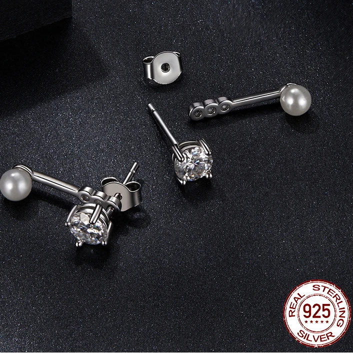 Moissanite Pearl-Effect Ear Jacket Studs in Sterling Silver — Separate posts and drop jackets