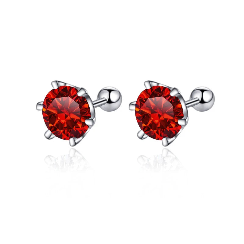 Colored Moissanite Screw Ball-Back Stud Earrings - Red stones