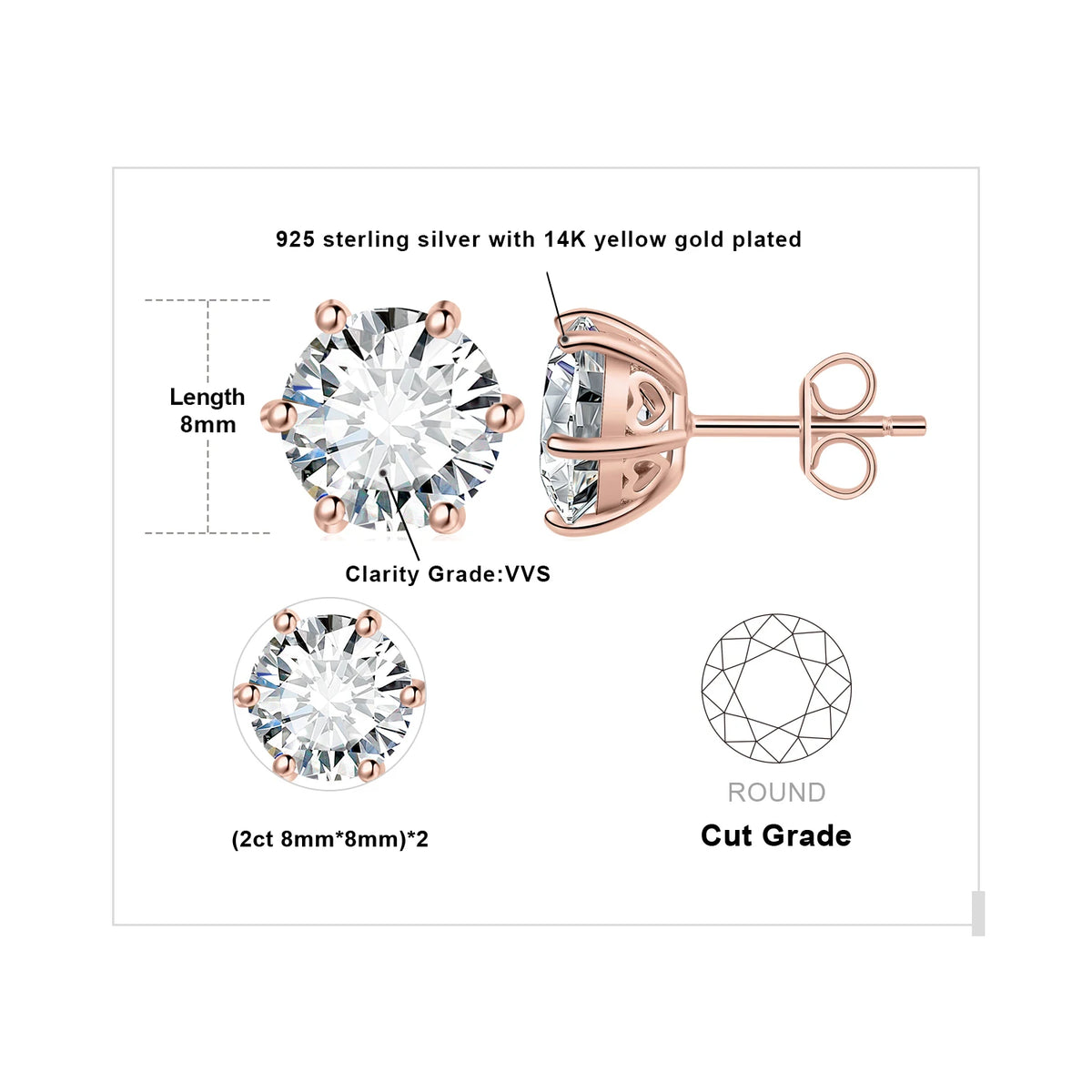 Round Moissanite Solitaire Stud Earrings in Three Metal Finishes — Rose gold-tone size diagram