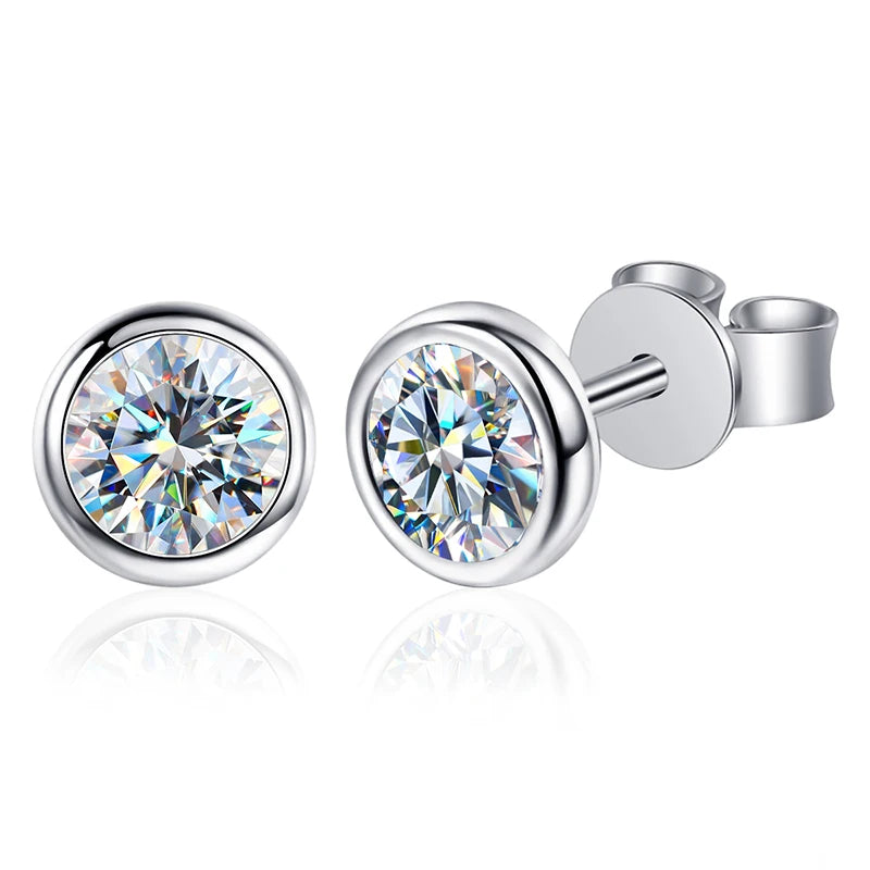 Round Bezel Moissanite Stud Earrings in Sterling Silver — Bezel studs with push backs