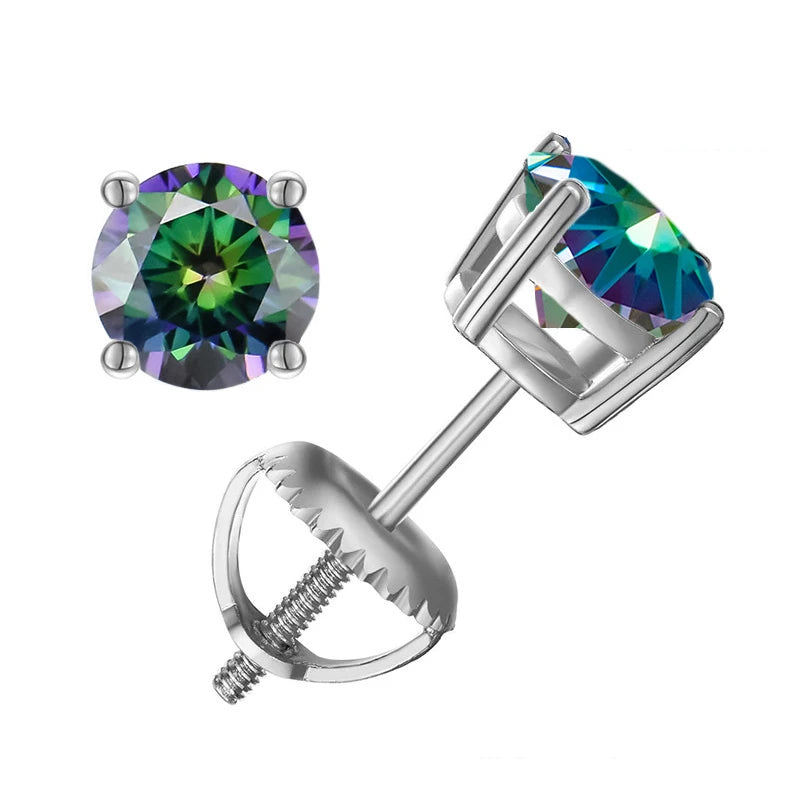 Colored Four-Prong Moissanite Screw-Back Stud Earrings — Multicolor green