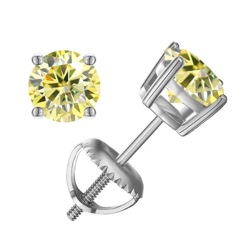 Colored Four-Prong Moissanite Screw-Back Stud Earrings — Lemon yellow