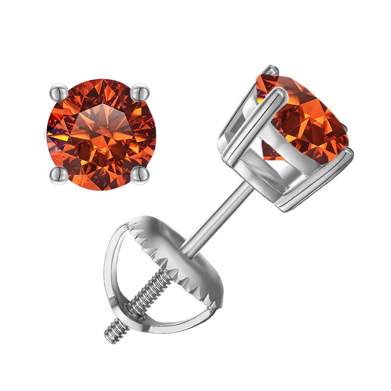 Colored Four-Prong Moissanite Screw-Back Stud Earrings — Orange