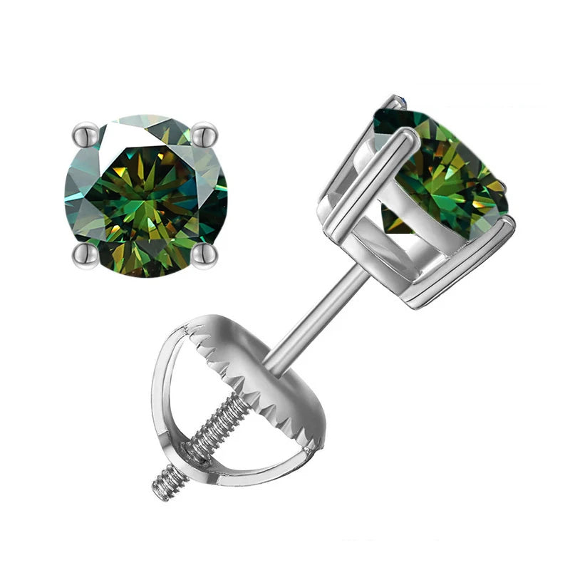 Colored Four-Prong Moissanite Screw-Back Stud Earrings — Dark green