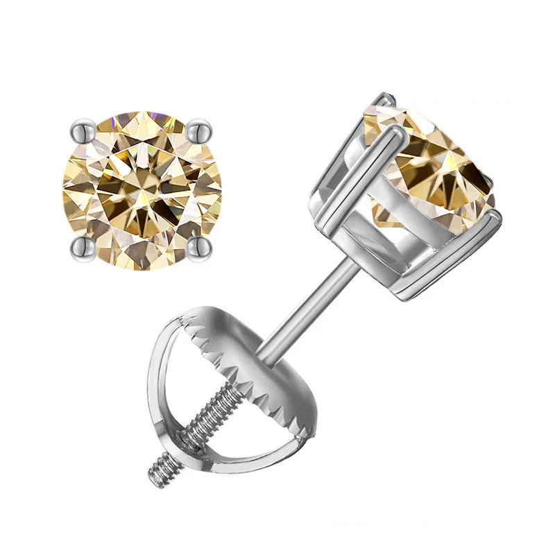 Colored Four-Prong Moissanite Screw-Back Stud Earrings — Light yellow
