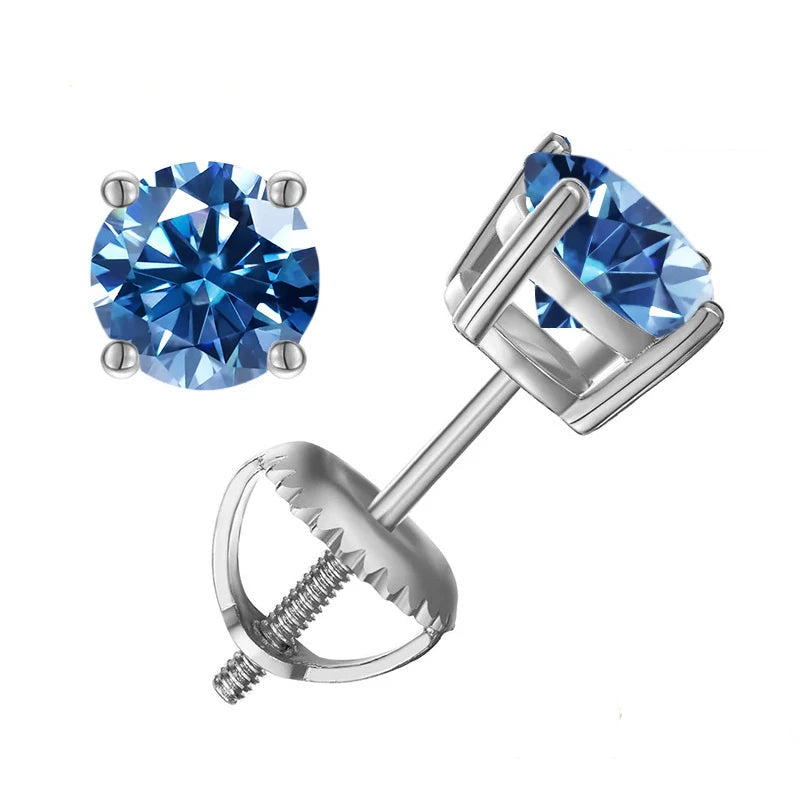 Colored Four-Prong Moissanite Screw-Back Stud Earrings — Royal blue front and threaded back