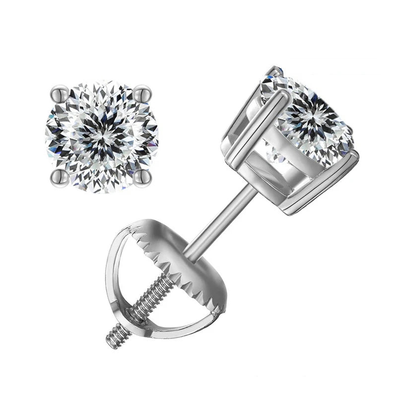 Colored Four-Prong Moissanite Screw-Back Stud Earrings — White 100-facet cut