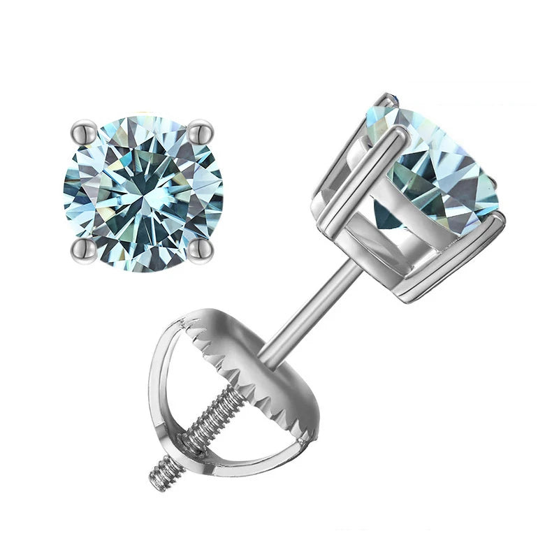 Colored Four-Prong Moissanite Screw-Back Stud Earrings — Blue