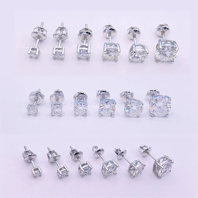 Colored Four-Prong Moissanite Screw-Back Stud Earrings — Size and setting views