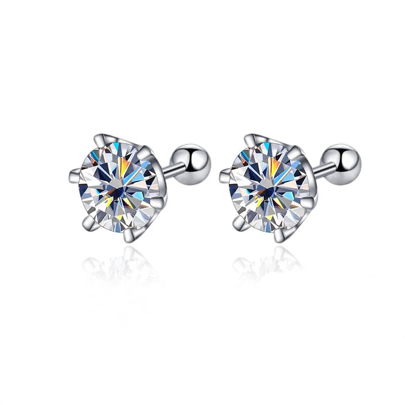 Colored Moissanite Screw Ball-Back Stud Earrings - White round stones and ball backs