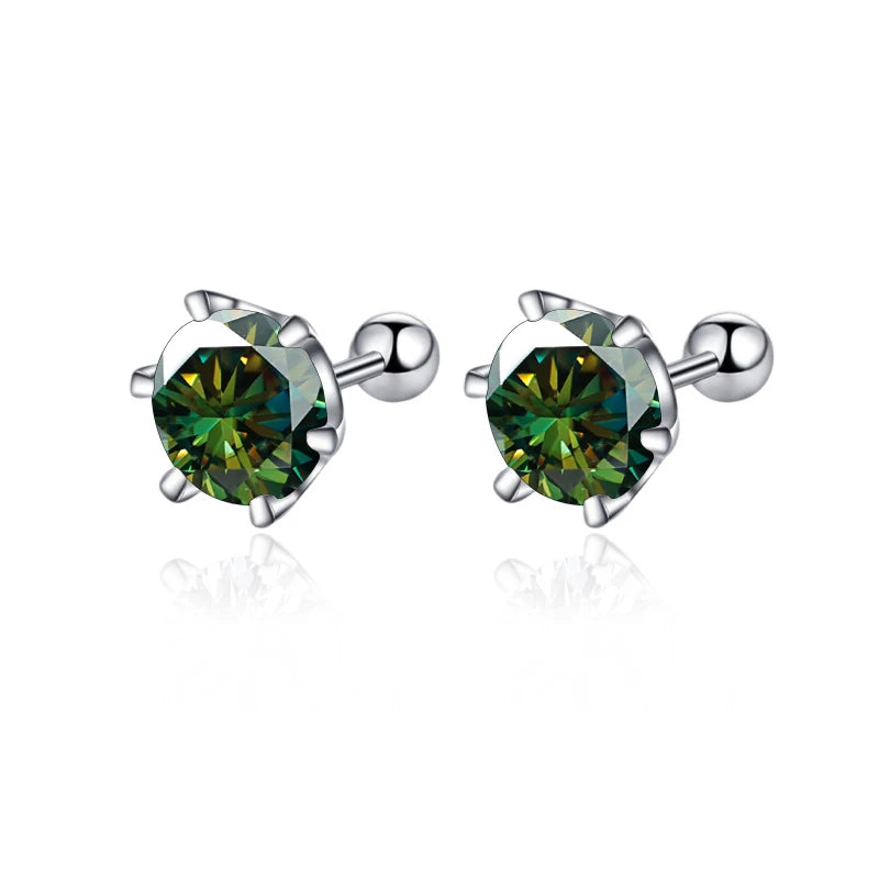 Colored Moissanite Screw Ball-Back Stud Earrings - Dark green stones