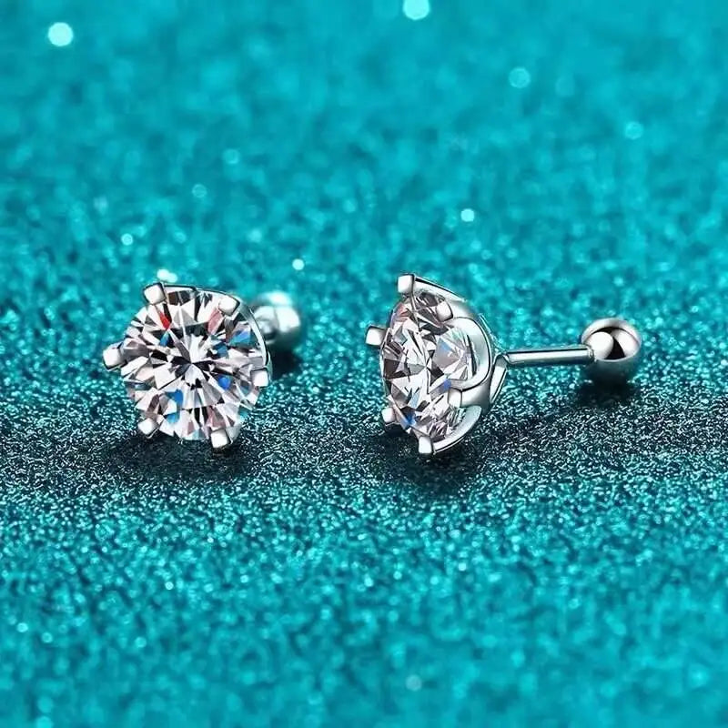 Moissanite screw-back stud earrings in sterling silver — White-stone design front and side