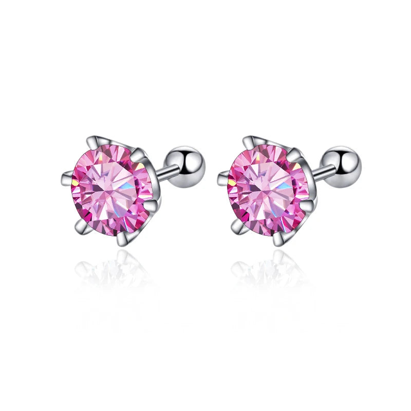 Colored Moissanite Screw Ball-Back Stud Earrings - Pink stones