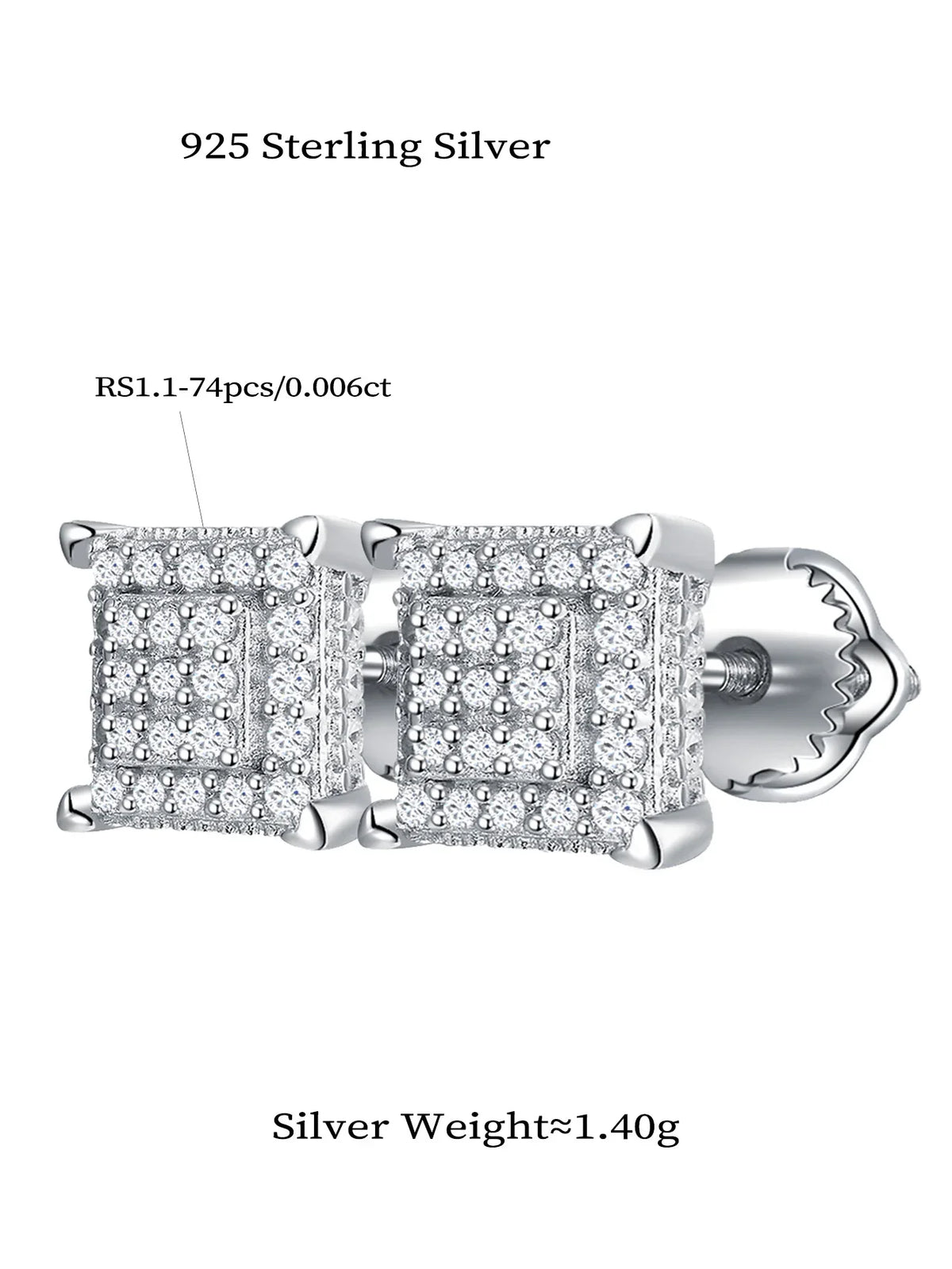 Square Pavé Moissanite Stud Earrings in Sterling Silver - Sterling silver and stone layout diagram