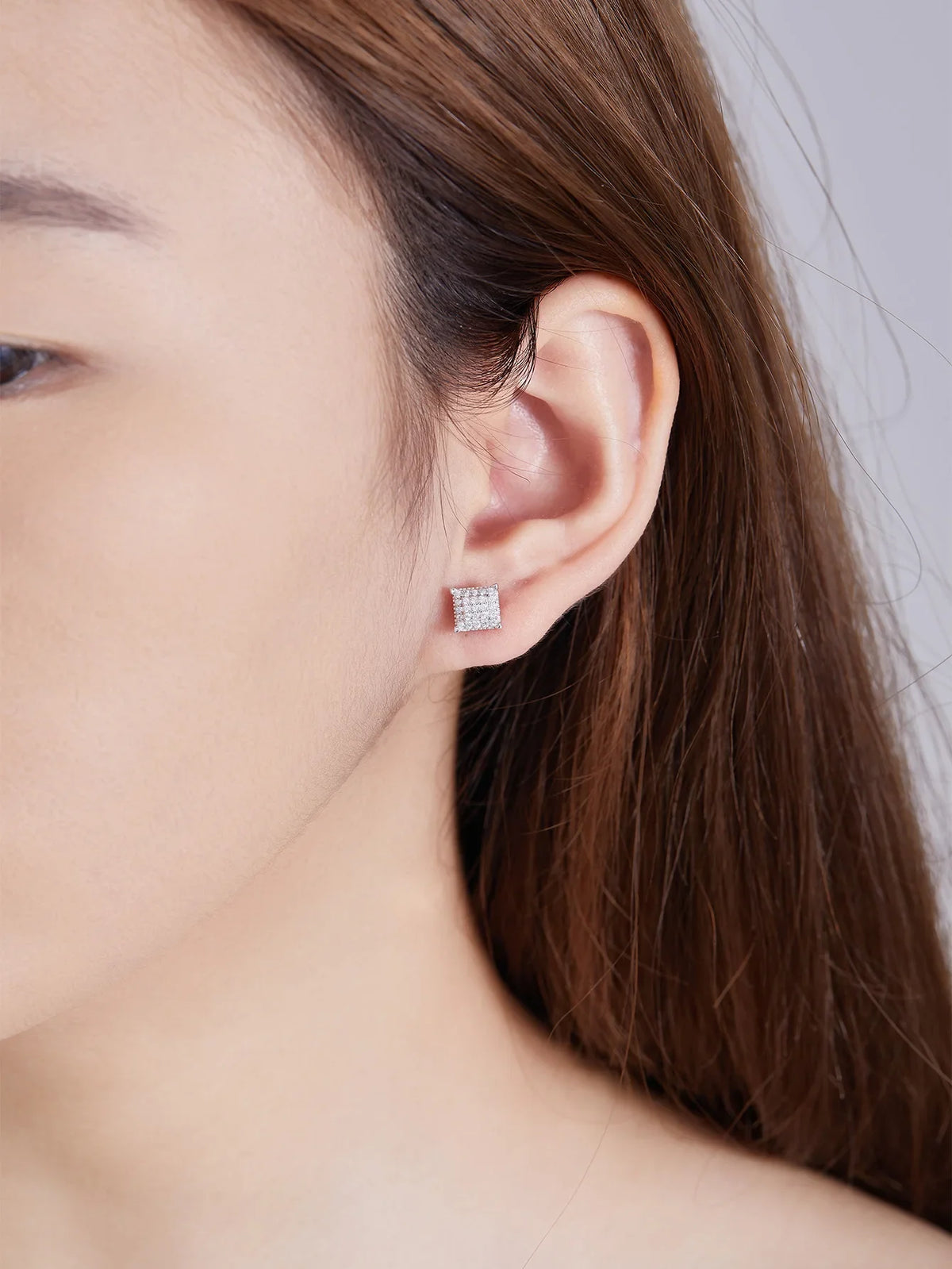 Square Pavé Moissanite Stud Earrings in Sterling Silver - Square stud shown on model