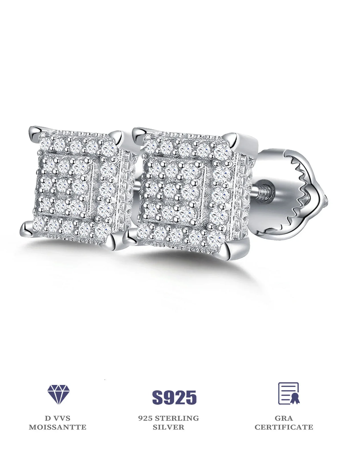 Square Pavé Moissanite Stud Earrings in Sterling Silver - Square pave stud pair