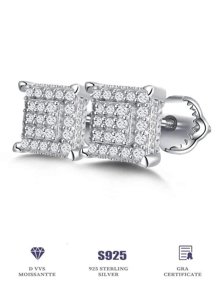 Square Pavé Moissanite Stud Earrings in Sterling Silver