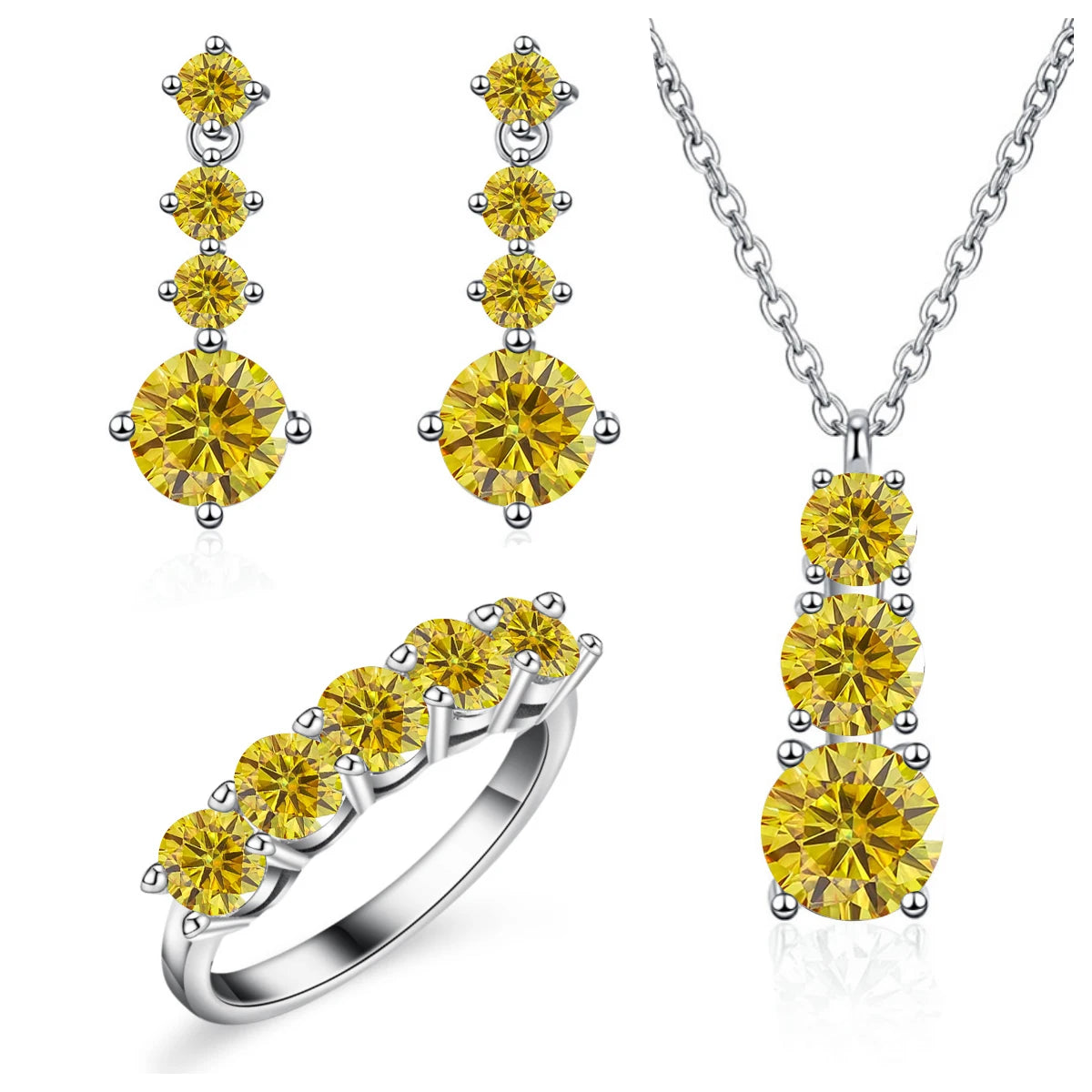 Graduated Moissanite Necklace, Drop Earrings & Ring Set - Golden yellow set