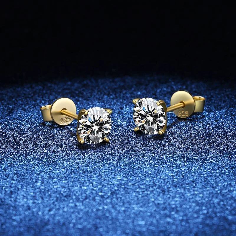 Gold-Tone Moissanite Solitaire Stud Earrings in Silver - Gold-tone round stud pair