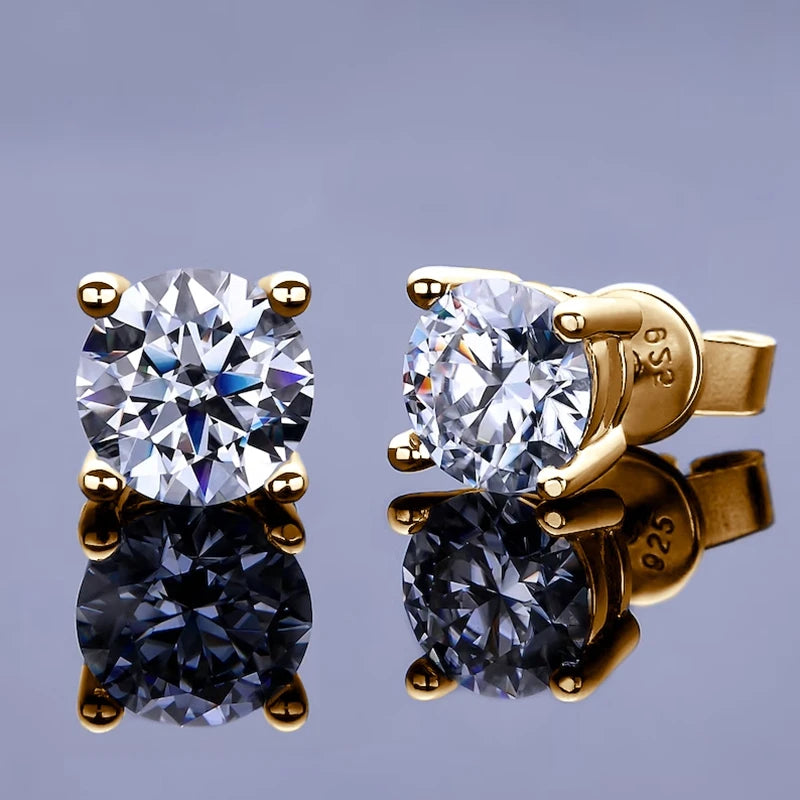 Four-Prong Round Moissanite Stud Earrings in Silver — Gold-tone pair