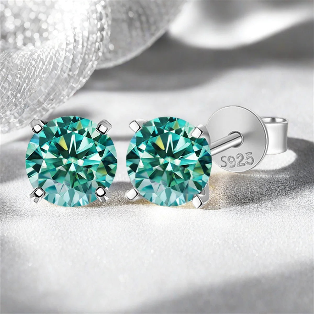 Cyan Round Moissanite Stud Earrings in Sterling Silver — Silver posts and push backs