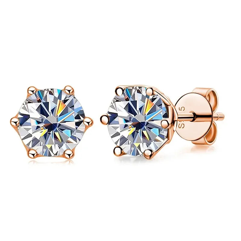 Rose Gold-Tone Colored Moissanite Six-Prong Stud Earrings — White