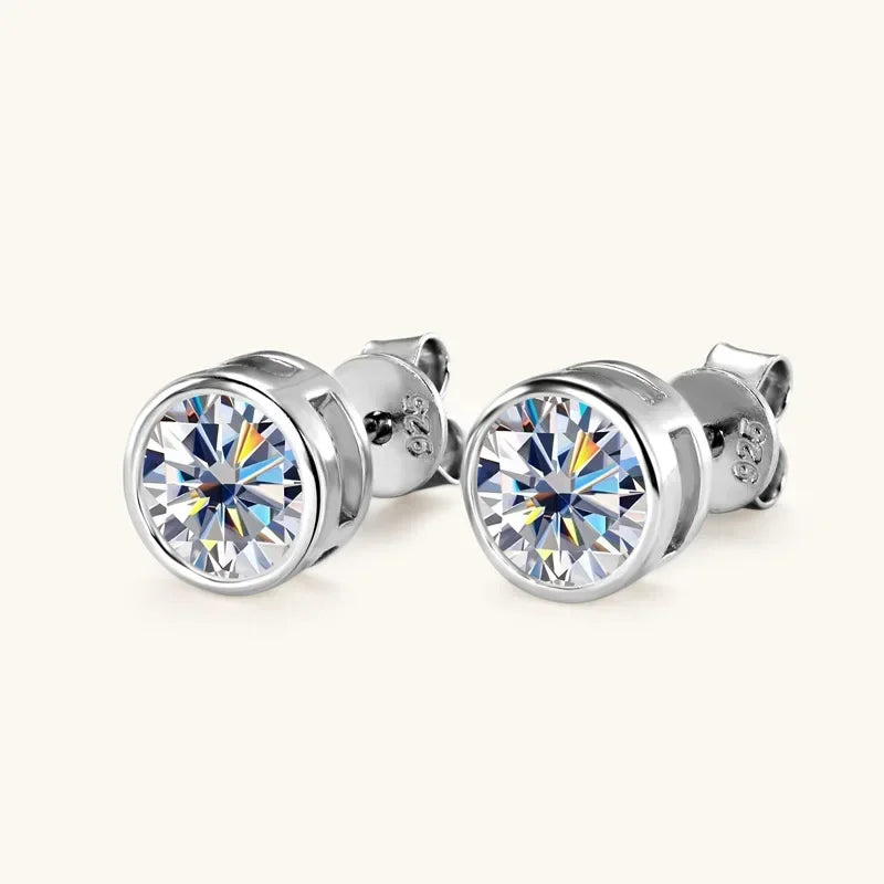 Round Moissanite Stud Earrings in Silver & Gold-Tone Settings — Silver bezel pair